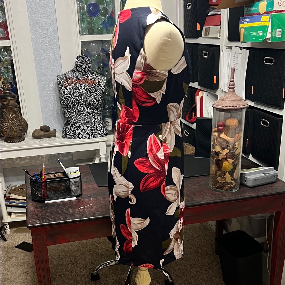 Enfocus Studio Navy Sleeveless Floral Midi Dress with Red & Cream Blooms - Picture 5 of 5
